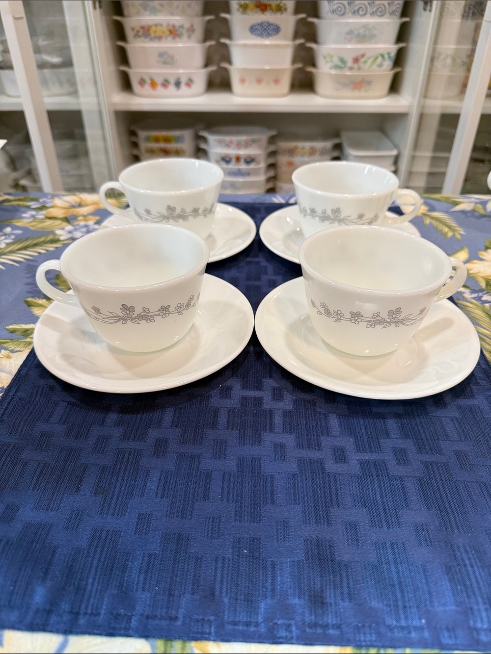 Corningware Ribbon Bouquet Tea Cup and Saucer Set with Gray Floral Band - 4pc